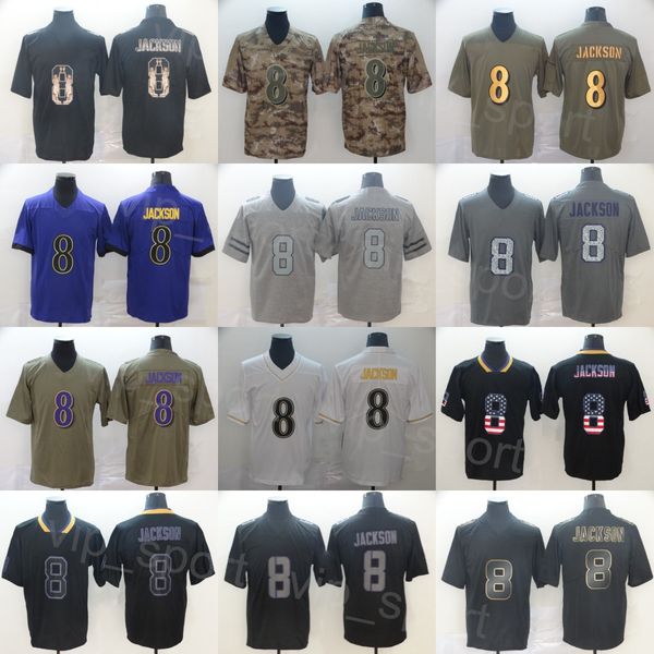 

mans 8 lamar jackson football stitched jersey uniform hemp grey salute to service goddess hyphenation color rush shadow smoke flag breathabl, Black;red