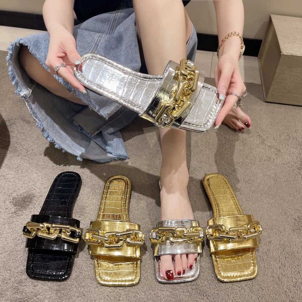

sandals women's slippers summer golden chain luxury square head flat heel female plus size outdoor beach women slides sandals 230417, Black