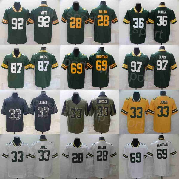 

mans football 28 aj dillon jerseys 87 romeo doubs 97 kenny clark 92 reggie white 69 david bakhtiari 33 aaron jones 36 leroy butler vapor unt, Black;red