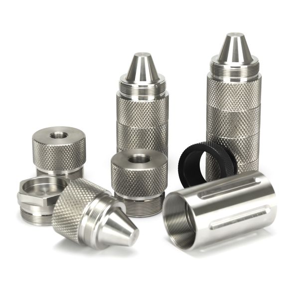 

1.58"od 10"l stainless steel modular solvent trap mst 1.375x24 tpi 8pcs baffle cone cups 1/2x28+5/8x24 end caps fuel filter for na