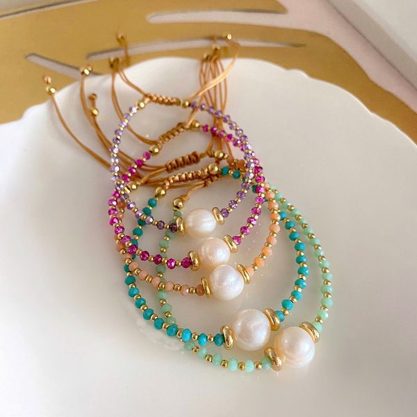 

charm bracelets 10 pieces colors stone bracelets with natural pearl beads woven strand bracelets for women 230815, Golden;silver