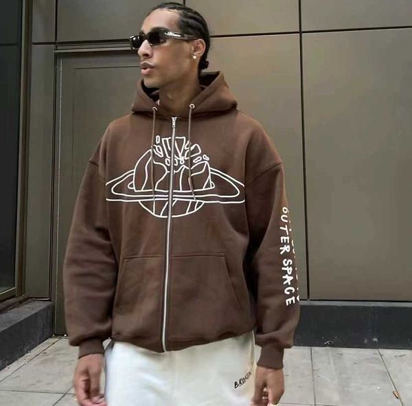 

bpm broken planet market niche high street trendy saturn foam printed zippered hoodie, Black