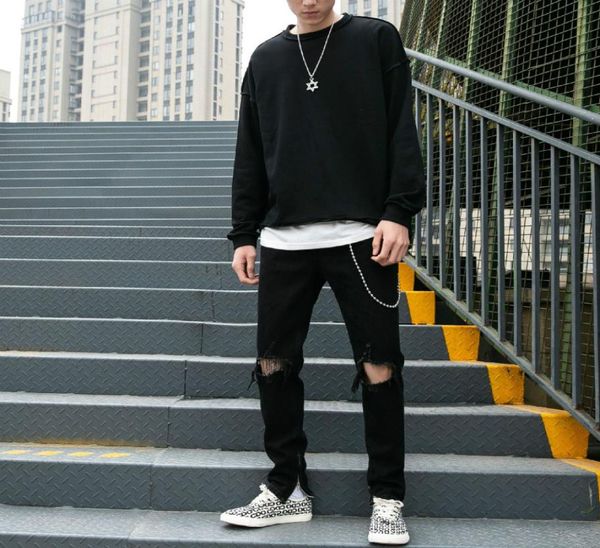 

mens destroyed straight jeans with side zipper brand broken holes denim pants trousers hip hop straight legs biker moto jeans 367607440, Blue