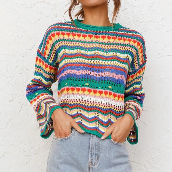 

women's sweaters women round neck loose sweaters bohemian long sleeve crochet knit pullover 230816, White;black