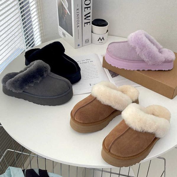 

australia designer disquette platform slipper suede sandal slides mule chestnut snow boot classic ladies winter shearling fur lined wgg boot, Black