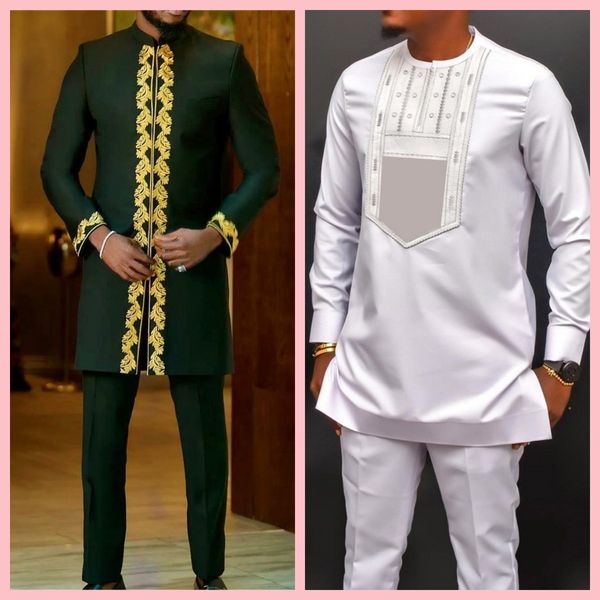 

men's tracksuits men's suit trousers 2-piece set solid color round neck embroidery long sleeve suit wedding african ethnic style 2, Gray