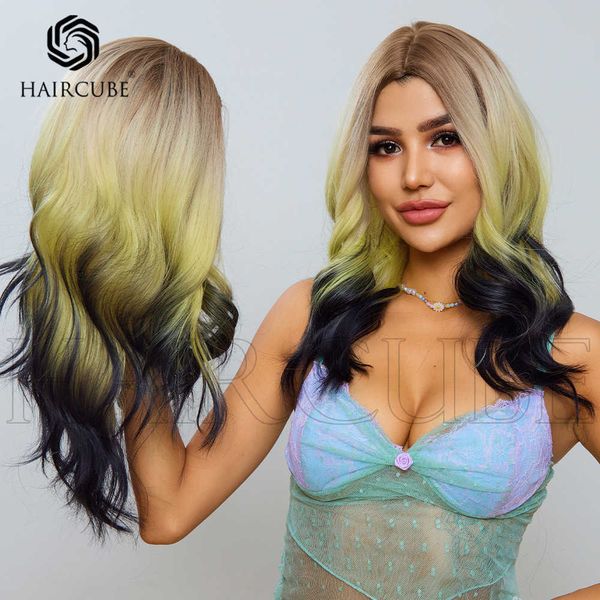 

haircube wind split three color gradient long curly hair wigs for women 230816, Black