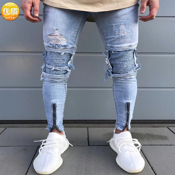 

men hip hop gloria jeans hole cowboy elastic foot zipper fashion denim joggers mens jeans254w, Blue