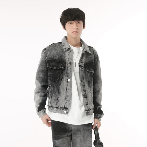 

mens tracksuits syuhgfa denim two piece personality tie dye short jean jacket set straight leg jeans fashion vintage male clothing 230815, Gray