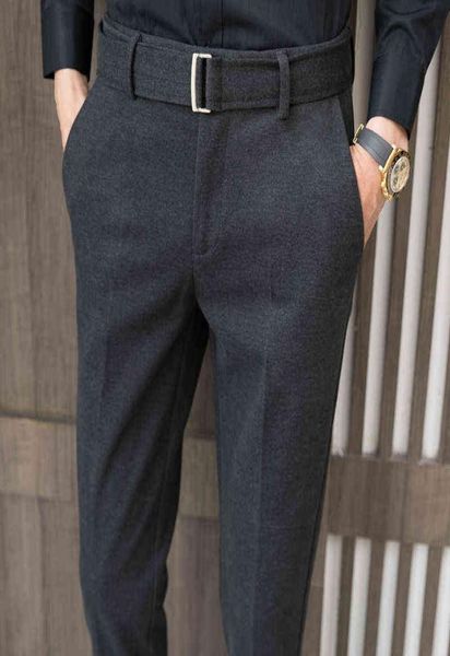 

winter woolen business dress pants men elastic waist streetwear casual trousers formal social suit pant come homme l2207026718577, Black