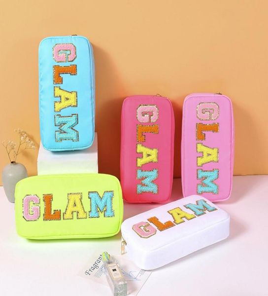 

nylon cosmetic bag chenille letter makeup pouch zipper make up waterproof bags with patches stuff organizer for women1438826