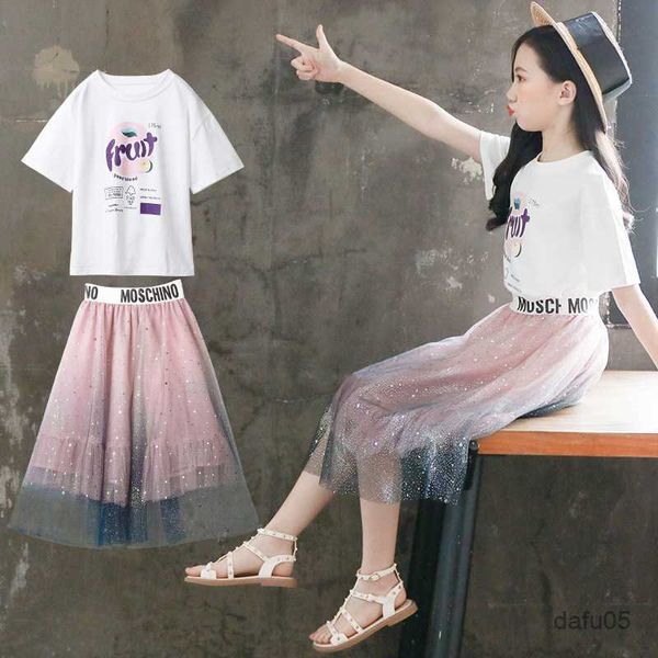 

clothing sets children's clothing suits teen girls short sleeve mesh casual dress piece set for 3-14y r230816, White