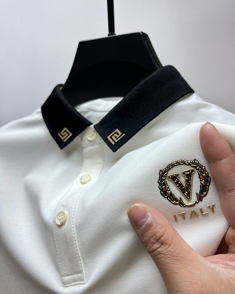 

mens polos high end brand ice silk short sleeve tshirt mens lapel summer trend drilling exquisite embroidery casual polo shirt 230815, White;black