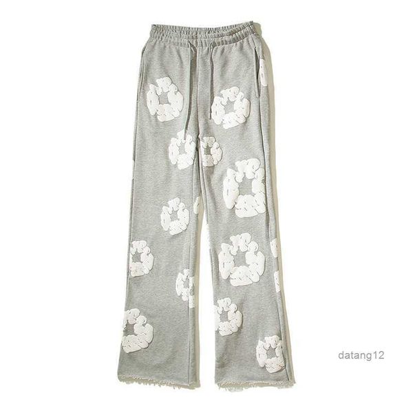 

men's autumn and winter pants readymade foam flower co branded denim tears women puff printed distressed pullover cap embroidery white, Black