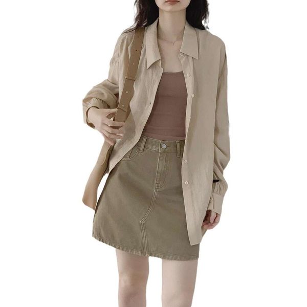 

khaki light sunblock polo shirt womens summer loose casual long sleeved top, White