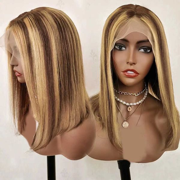 

2024 selling new wig front lace bobo head wig women's mid split short straight hair lace wig 230816, Black