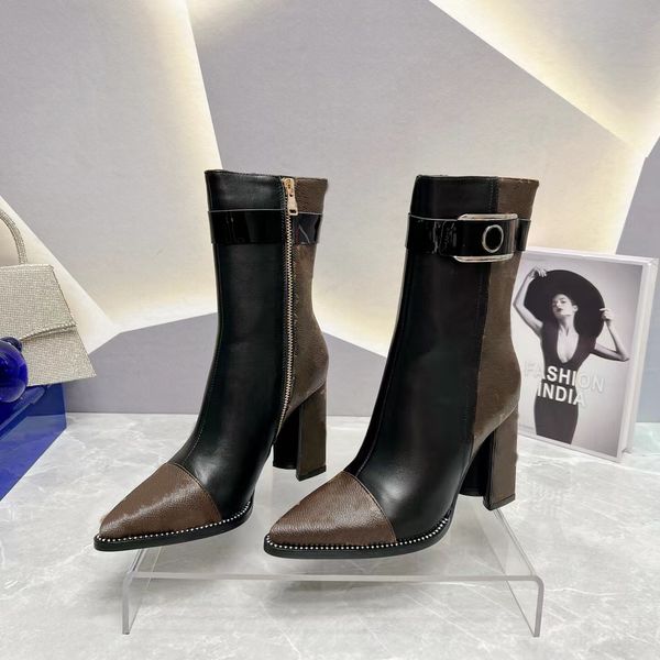 

fashionable boots women designer boot genuine leather print 10cm chunky heel pointed toe casual stitching half boots factory shoes with side, Black