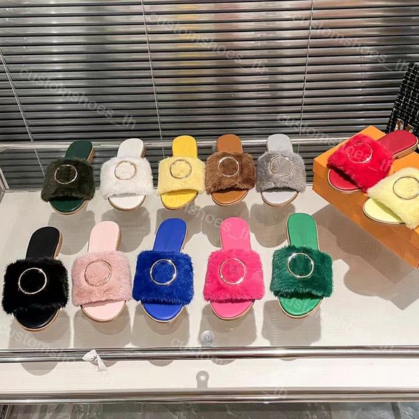 

designer slippers lock it flat mules furry women sandals leather shoes flat rubber slipper winter wool sandal womens slides luxury outdoor w, Black