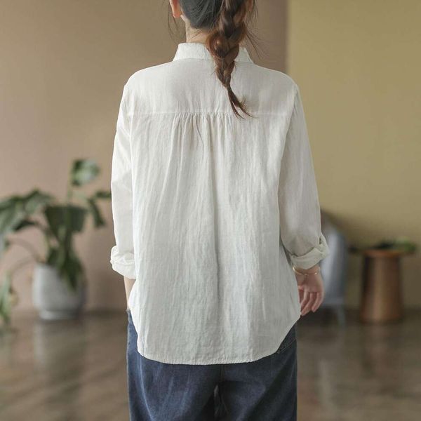 

cotton blouse ladies long sleeved shirt loose retro floral embroidered, White