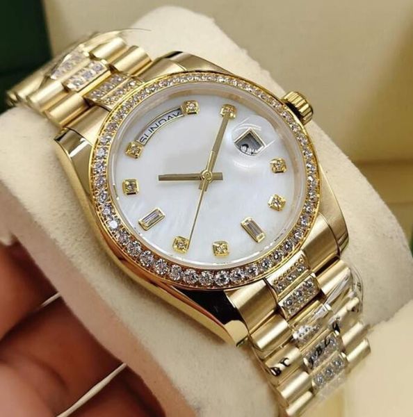 

fashion women's watch ladies 36mm automatic mechanical watches day-date woman diamond wristwatch stainless steel folding buckle lady wr, Slivery;brown
