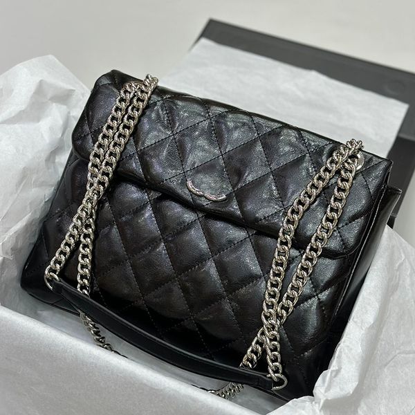 

30cm vintage calfskin leather women designer jumbo flap bag silver metal hardware chain large capacity crossbody shoulder handbag quilted mu
