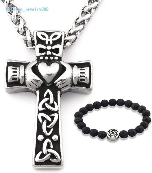 

gungneer celtic cross clada necklace pendant stainless steel celtic triangle love jewelry suitable for men and women, Black