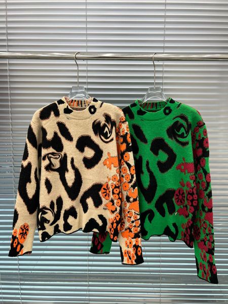 

2023 autumn winter runway designer leopard pattern knitting o-neck pullover sweater women's long sleeve loose casual sweater, White;black