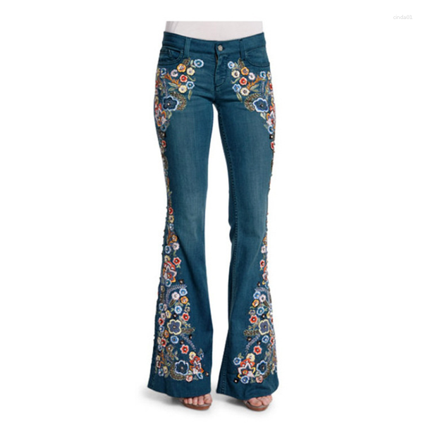 

women's jeans women's embroidered slim fit washable flared women, Blue