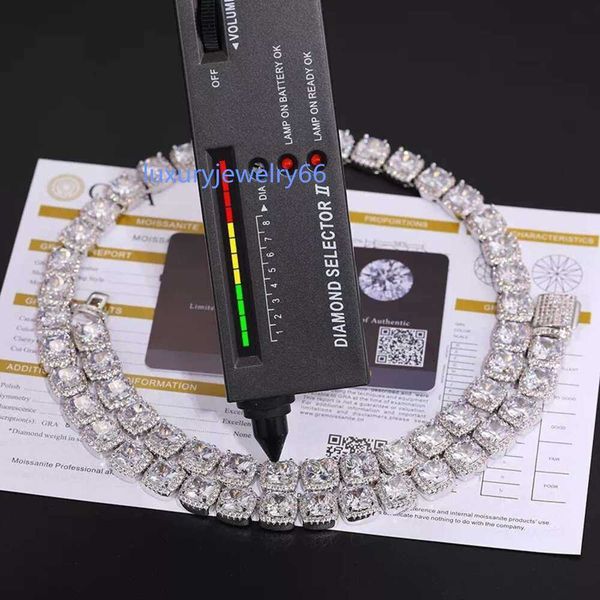 

hip hop jewelry men's pink style 11mm gold plated sterling sier cushion cut vvs moissanite diamond tennis chain necklace, Silver
