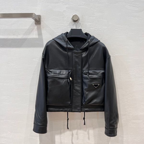 

2023 autumn winter fashion black color zip up leather jacket women's hooded loose long sleeve big pocket solid color elegant coat, Black;brown