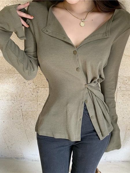 

womens tshirt irregular tshirt women spring autumn flare sleeve v neck solid color female korean fashion split slim y2k aesthetic tees 2308, White