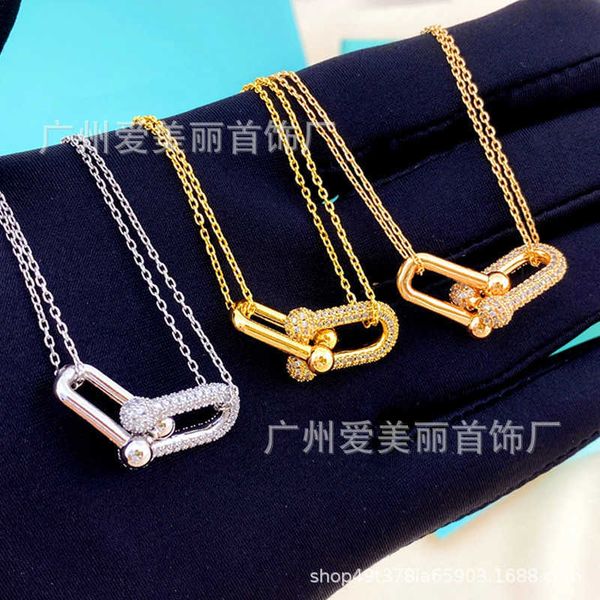 

designer high edition tiffay double ring u-shaped horseshoe full diamond buckle necklace female clavicle chain vacuum electroplated colorles, Silver