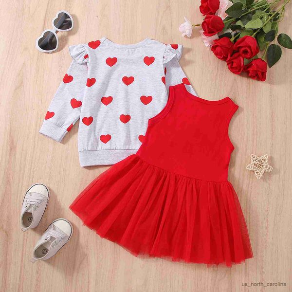 

girl's dresses kids girls suit long sleeve round neck heart print pullover short mesh solid color half dress r230816, Red;yellow
