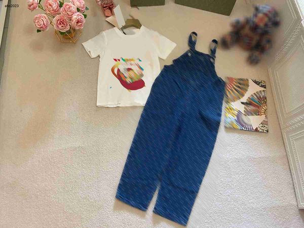 

new designer baby clothes tracksuit size 90-140 cm 2pcs cartoon character printed t-shirt and suspender jeans pants or denim skirt july10, White