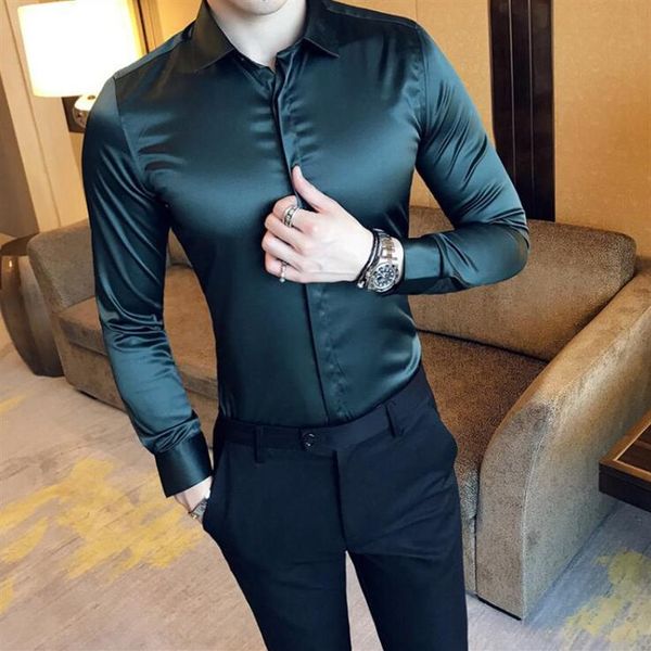 

luxury tuxedo shirt men green white black shinny satin shirt 95% rayon 5% spandex banquet party wedding chemise homme256u