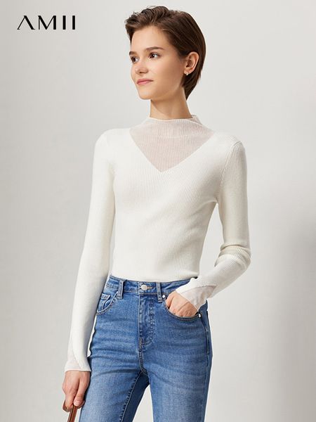 

women's sweaters amii minimalism sweaters spring women turtleneck splicy v-neck slim long sleeve casual knitted female clothes 1224400, White;black