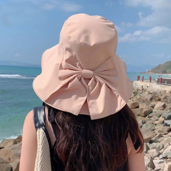 

wide brim hats bucket hats women's four seasons sunshade umbrella outdoor big brim bowknot bucket basin hat fisherman hat panama hat fa, Blue;gray