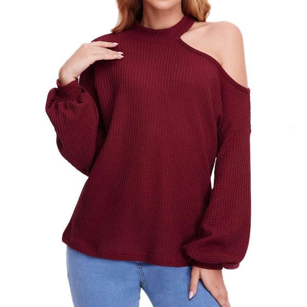 

womens waffle knitted t shirt off shoulder long sleeved loose, White
