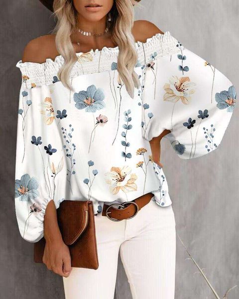 

autumn straight shoulder bubbly sleeves shirt womens, White