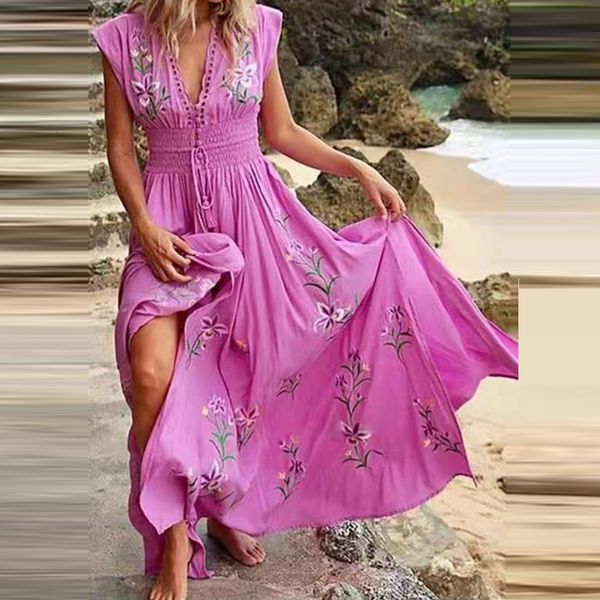 

basic casual dresses bohemian french elegant v-neck print midi flying sleeve dress women vacation beach style short sleeve elastic waist dre, Black;gray