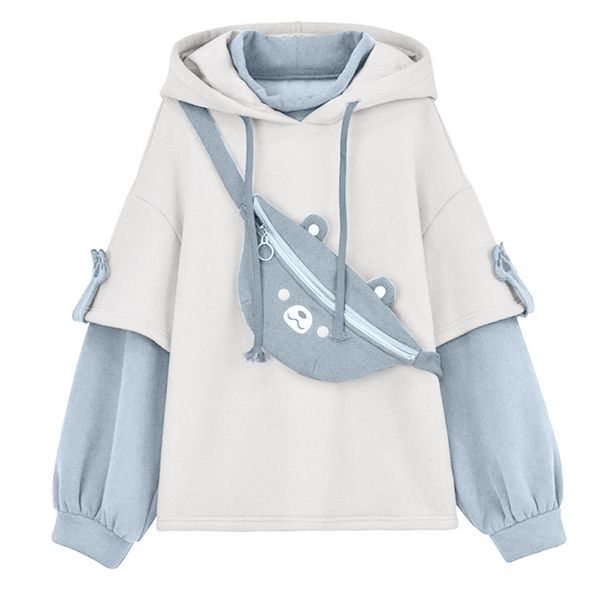 

women's hoodies sweatshirts kawaii cute oversize hoodie with bear bag womens autumn patchwork sweatshirts pullovers japanese streetwear, Black