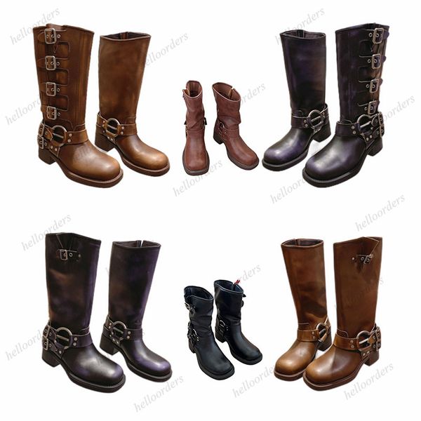 

designer women boots miu y2k style martin boots high platform brown leather biker boot round toe chunky heel belt buckle trim shoes, Black