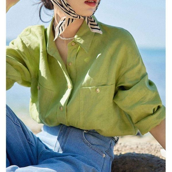 

flax green long sleeved salt shirt womens summer casual loose, White