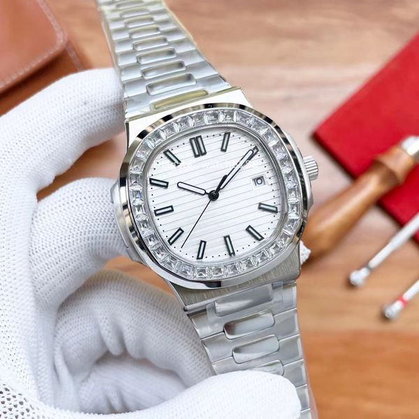 

silver mens watch automatic diamond moissanite wristwatch golden classic style grade crystal super strong glow mechanical rose gold bracelet, Slivery;brown