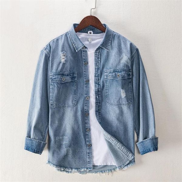 

men's casual shirts vintage rustic hole denim shirt fashion punk streetwear clothing cowboy jeans slim fit281v, White;black