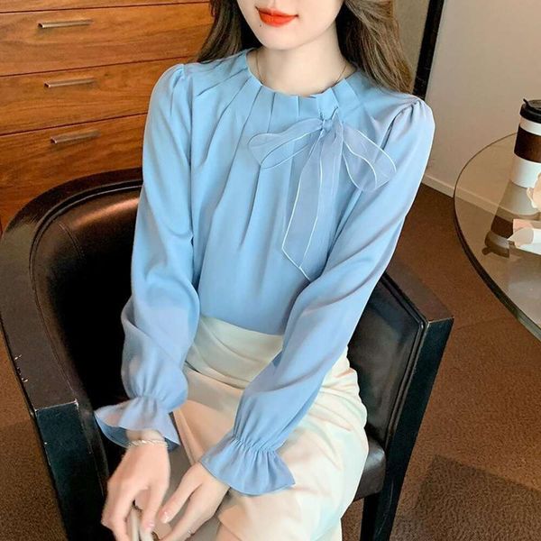 

bow knot long sleeved chiffon shirt early autumn style slimmer all matching fashionable temperament western, White