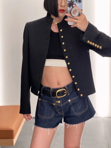 

fashion design vintage jacket women stand color gold single breasted black streetwear cool coat, Black;brown