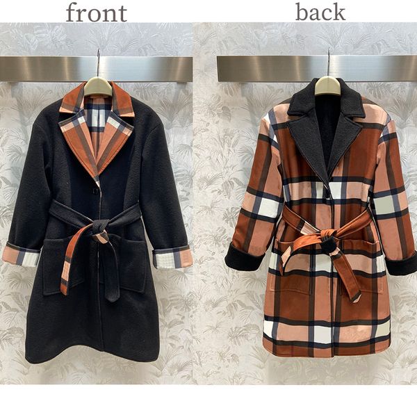 

classic stripe check designer long woolen overcoat elegant parka clothes warm winter sashes double woolen coat sml, Black