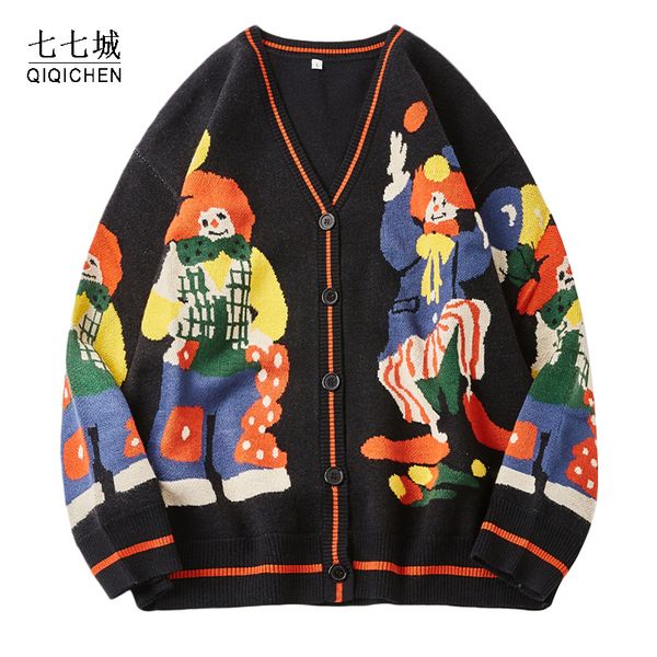 

mens sweaters christmas knitted sweater men cardigan oversized streetwear knit jumpers funny clown print cotton harajuku knit coats 230815, White;black