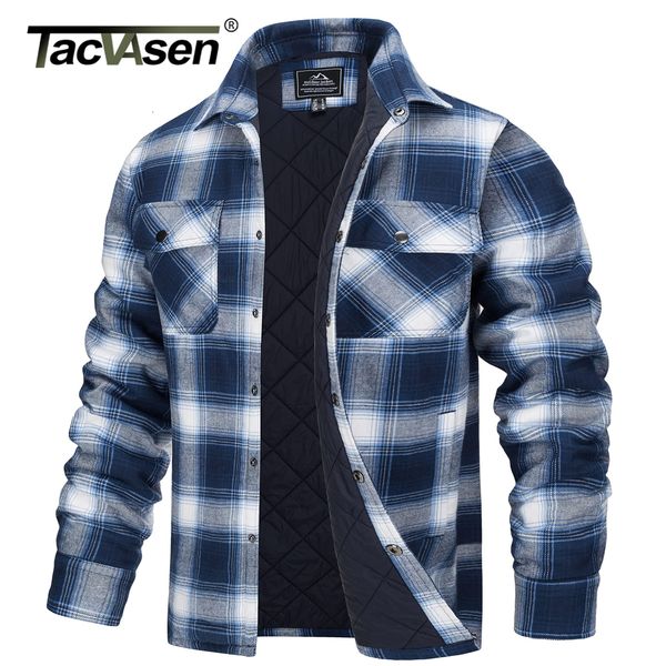 

men's jackets tacvasen winter plaid cotton jackets mens long sleeve quilted lined flannel shirt jacket multi-pockets outwear hiking coa, Black;brown